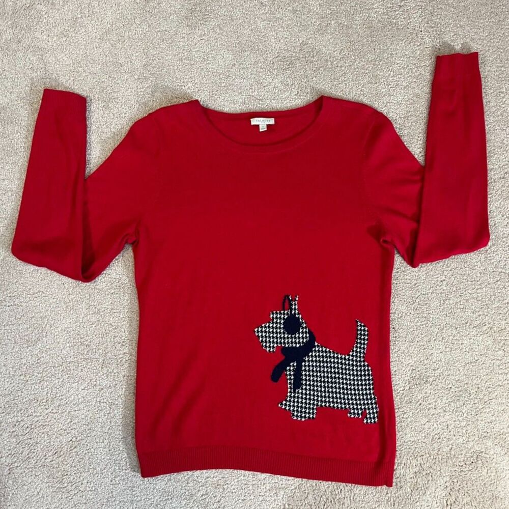 Talbots Red Knit Houndstooth Scottie Dog Terrier Fall Holiday Sweater Size Small